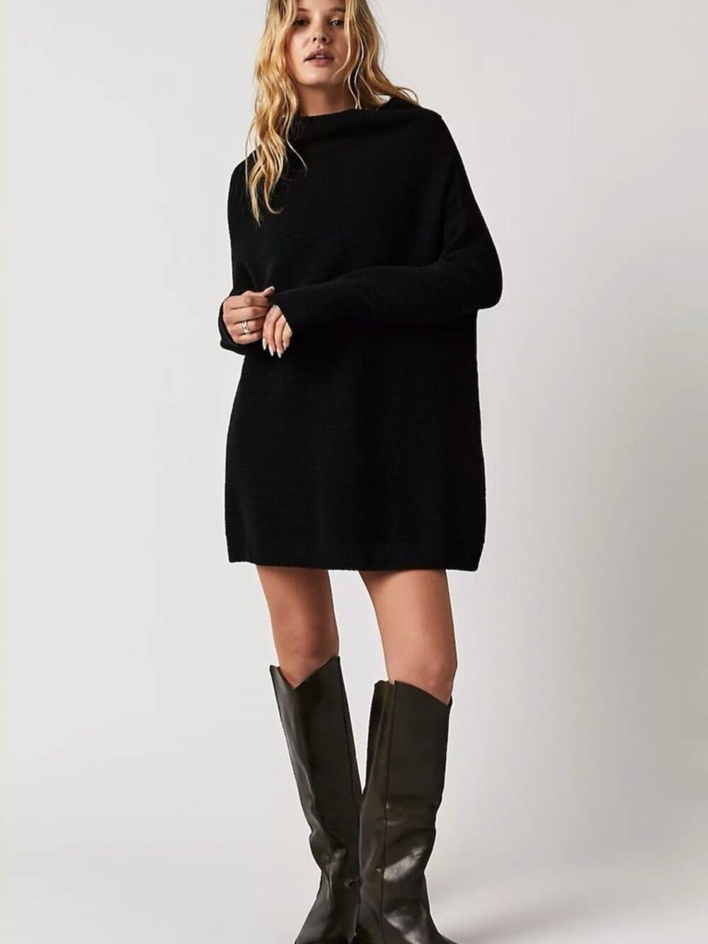 Free People Ottoman Slouchy Tunic Sweater Top Black Ribbed Size Large